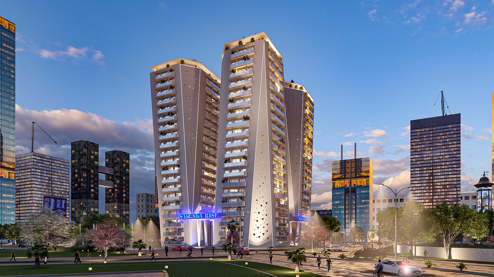 Saif Sky Rise Islamabad twin towers exterior view” “Luxury residential apartments at Saif Sky Rise Islamabad” “Saif Sky Rise Islamabad modern architecture and skyline”
