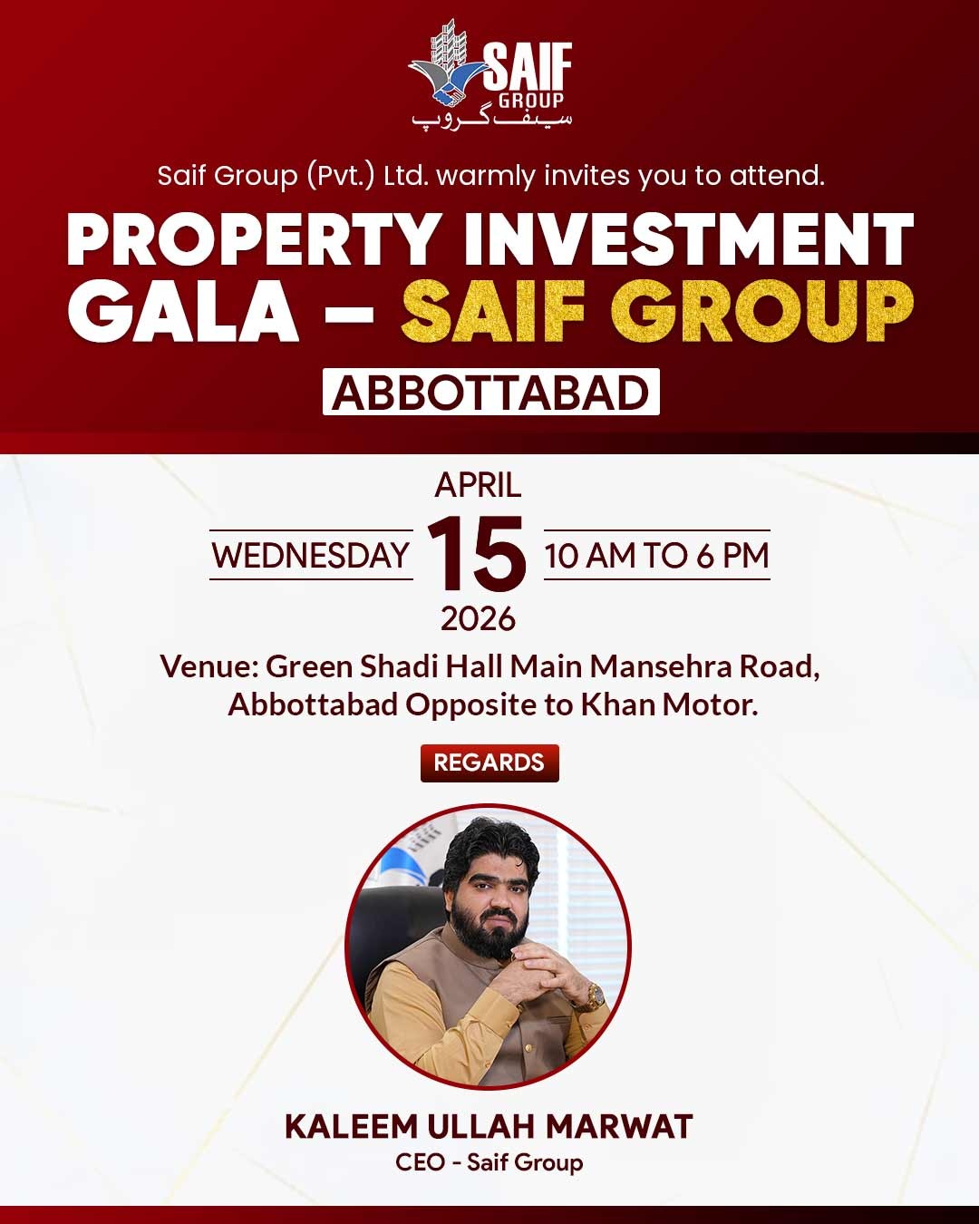 Saif Group Property Investment Gala Invitation – April 15, 2026, Abbottabad